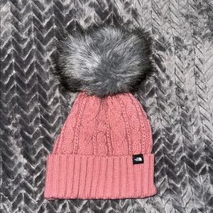 The North Face Pink Knit Beanie with Faux Fur Pom